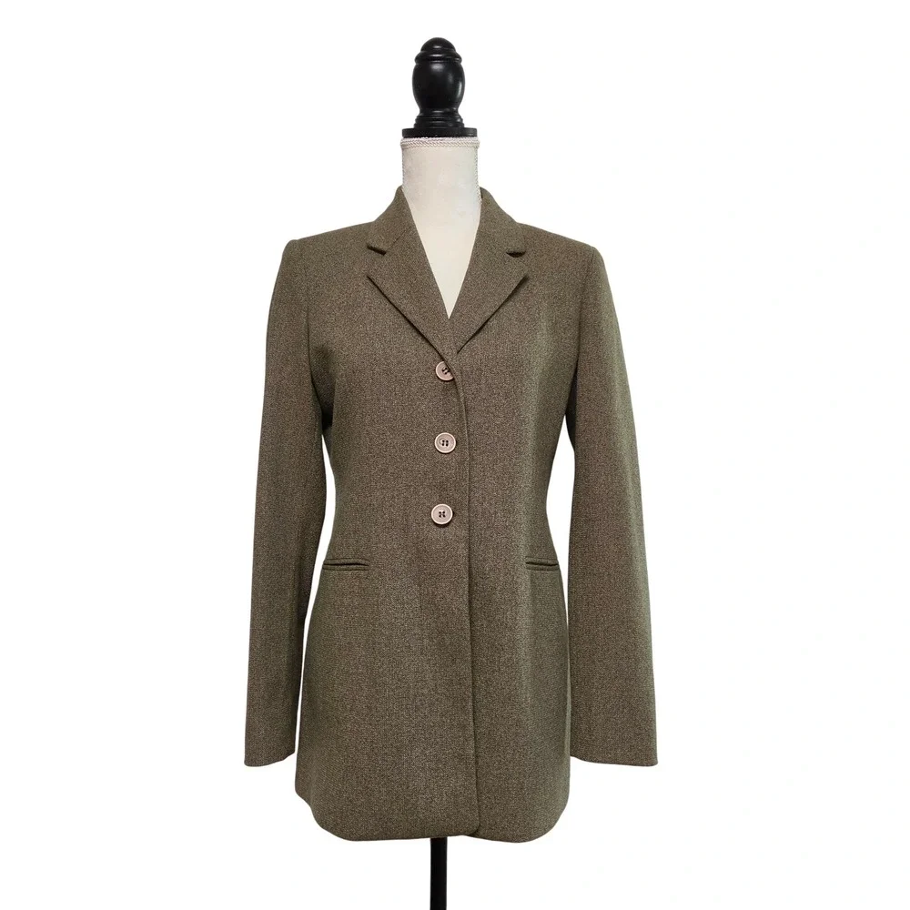 Vintage 90s Jones New York Olive Tweed Virgin Wool Longline Blazer Size 4 Preppy